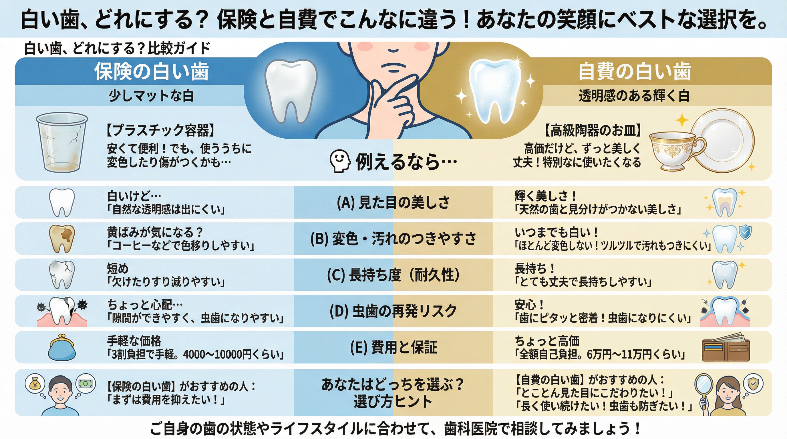 保険の白い歯と自費の白い歯の違いについて